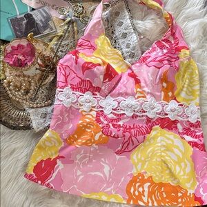 Vintage y2k Lilly Pulitzer Floral Halter Top Lace Cropped Barbie Hot Pink 8 Cute